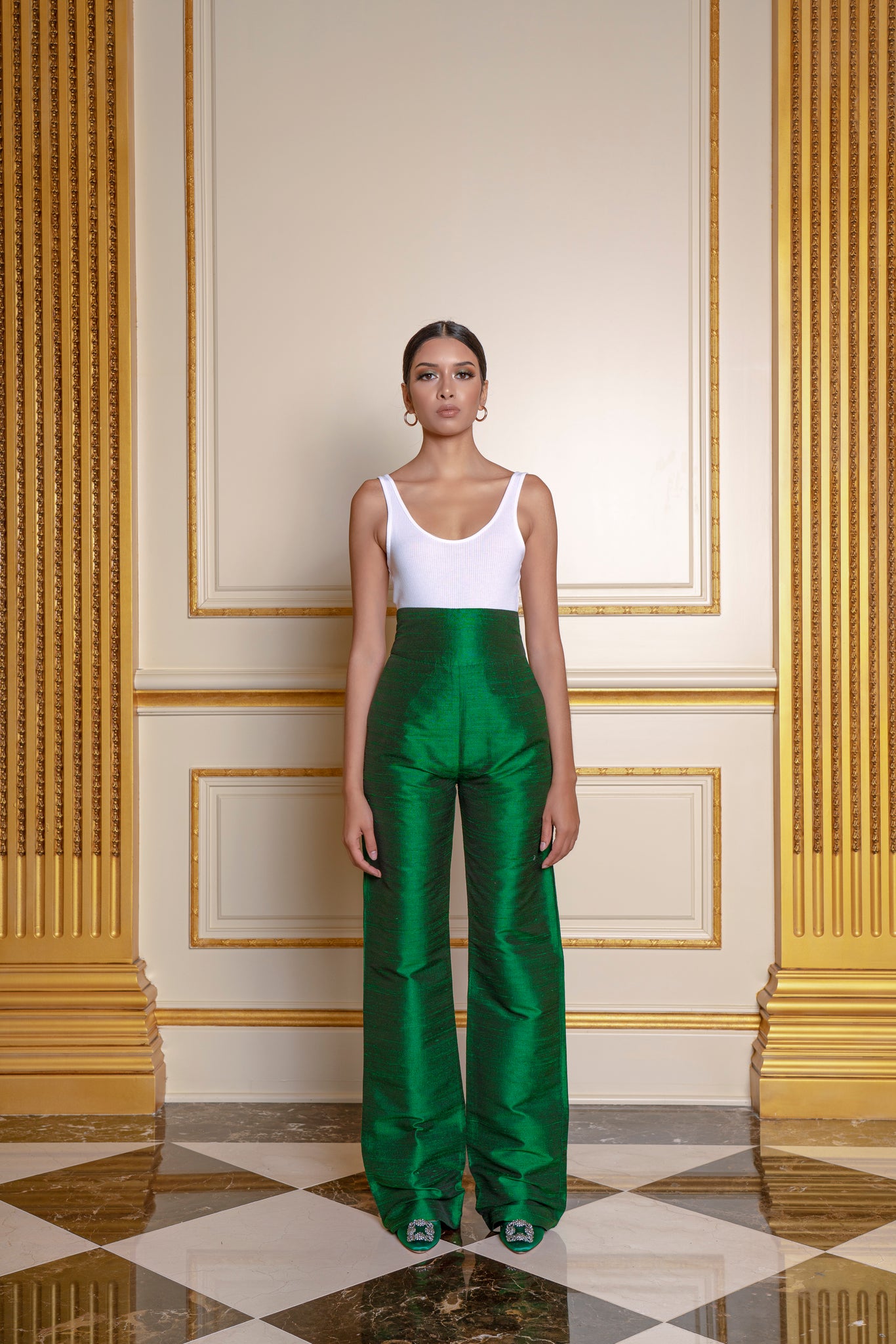 Nabila Official Green Silk high waisted wide trousers
