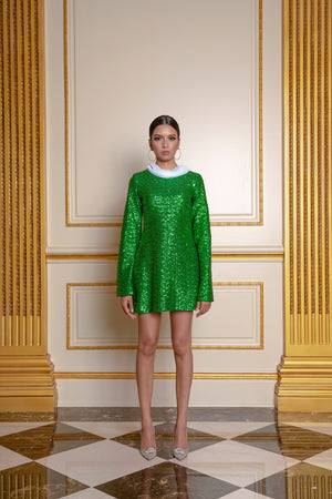 Nabila official green sequin dress with net scarf around neck